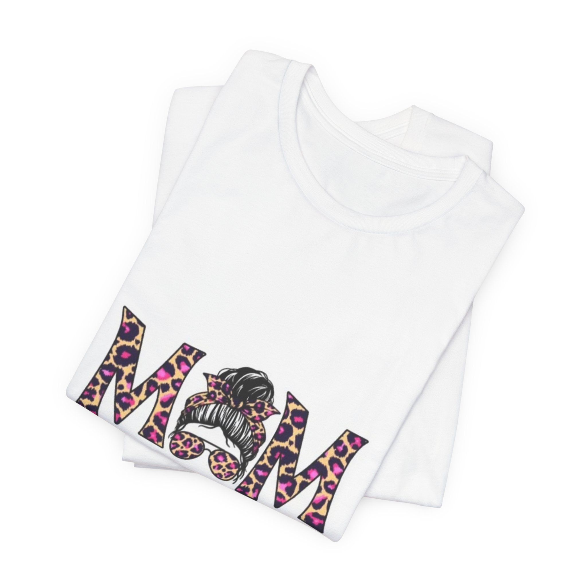 Mom Leopard Graphic Tee — "MOM" with Messy Bun & #Momlife