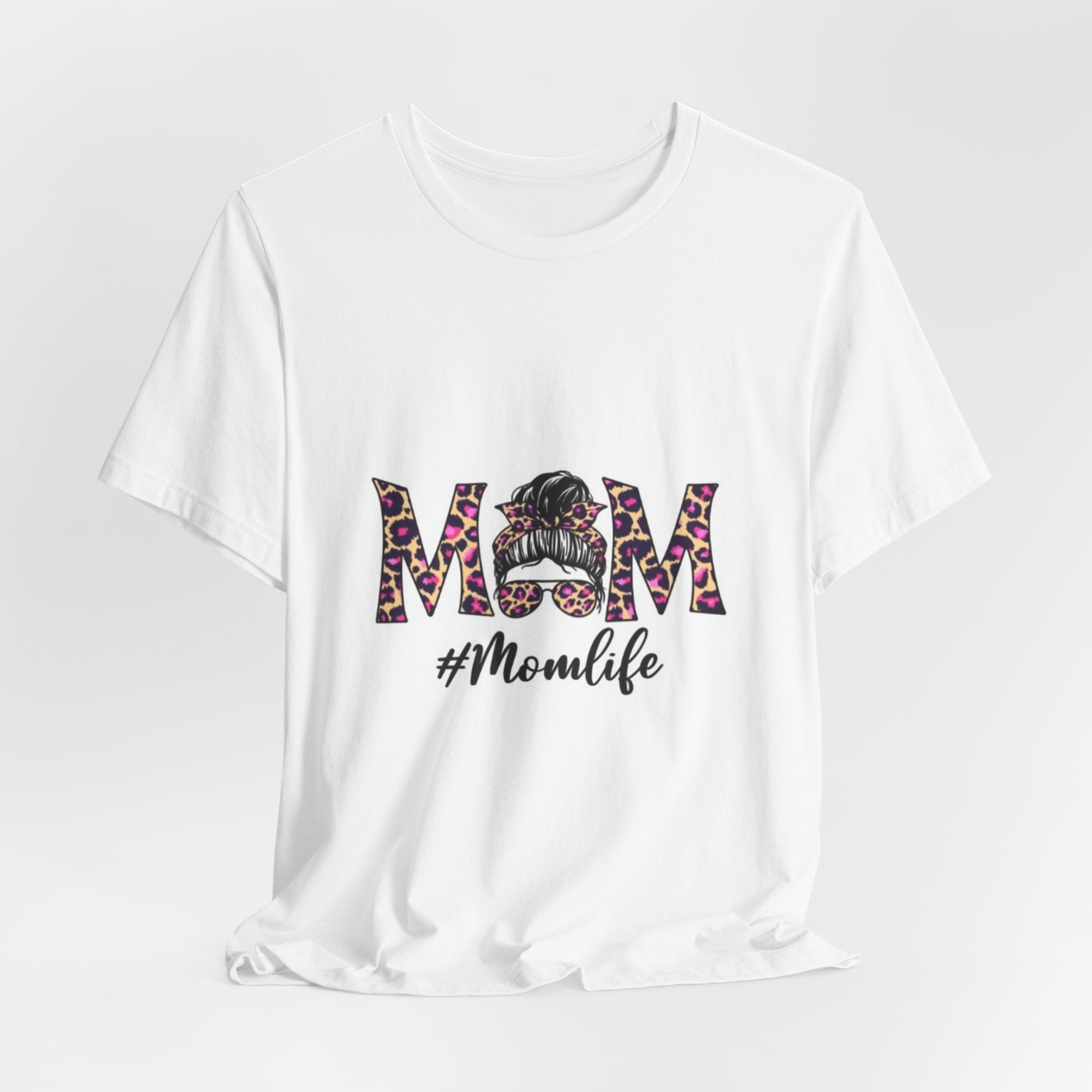 Mom Leopard Graphic Tee — "MOM" with Messy Bun & #Momlife