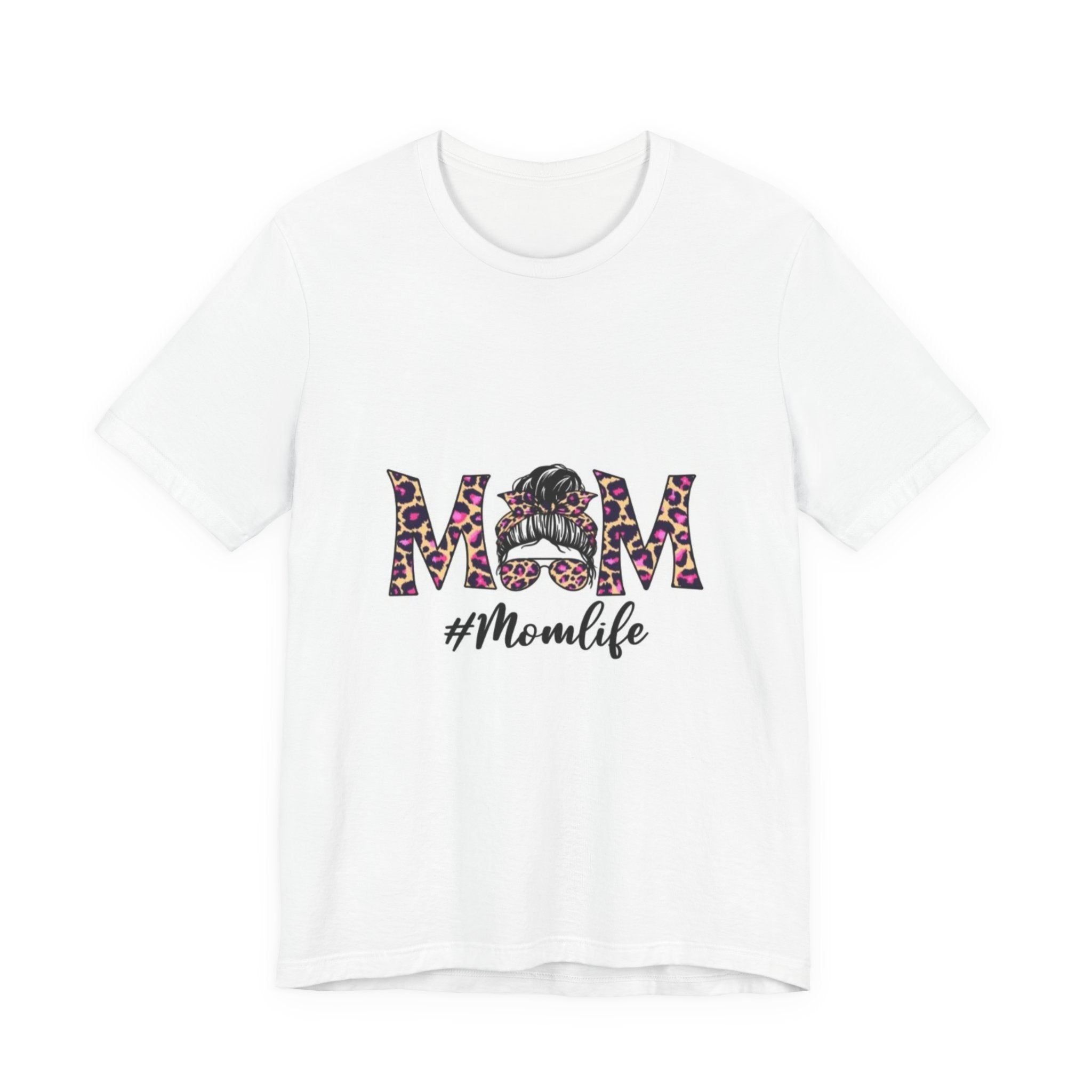 Mom Leopard Graphic Tee — "MOM" with Messy Bun & #Momlife